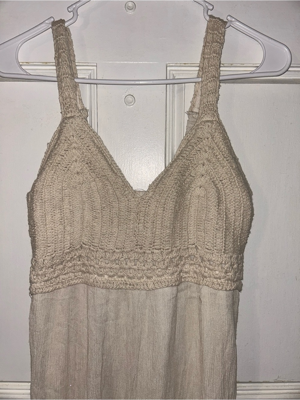 Crochet Bodice Maxi jumpsuit in Light Beige